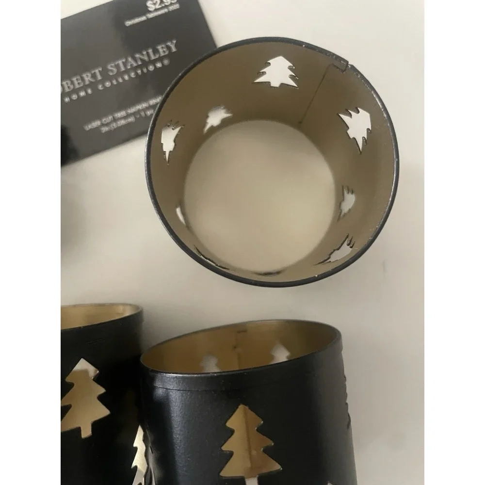 Robert Stanley Home Black Gold Metal Christmas forest Tree Napkin Rings set of 4